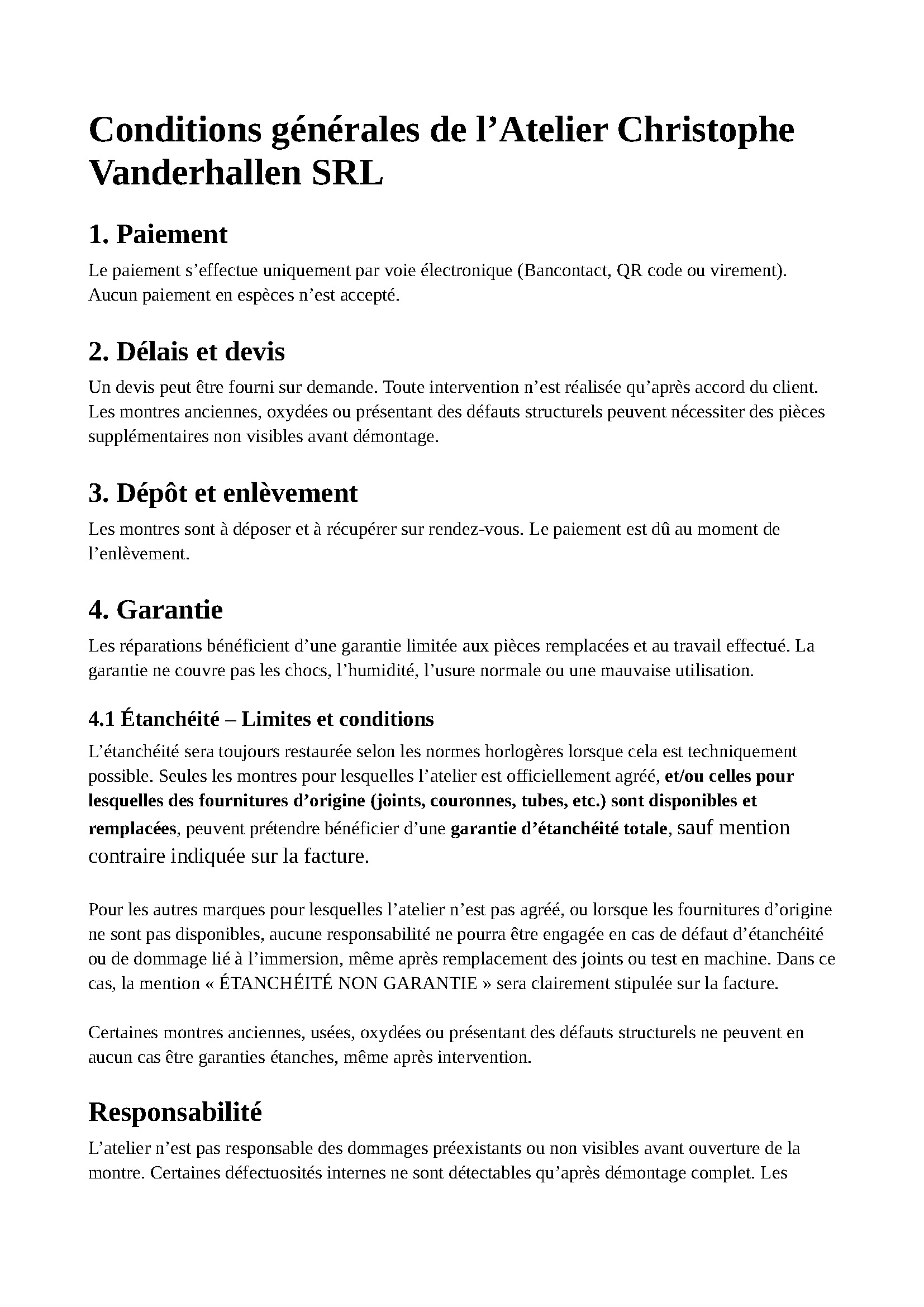 Conditions générales de l’Atelier Christophe Vanderhallen SRL - page 1